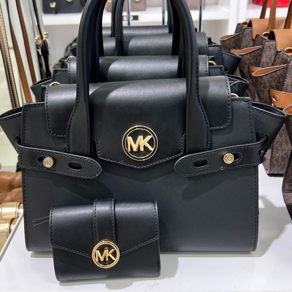 MICHAEL KORS CARMEN MEDIUM FAUX LEATHER BELTED SATCHEL + WALLET IN BLACK New